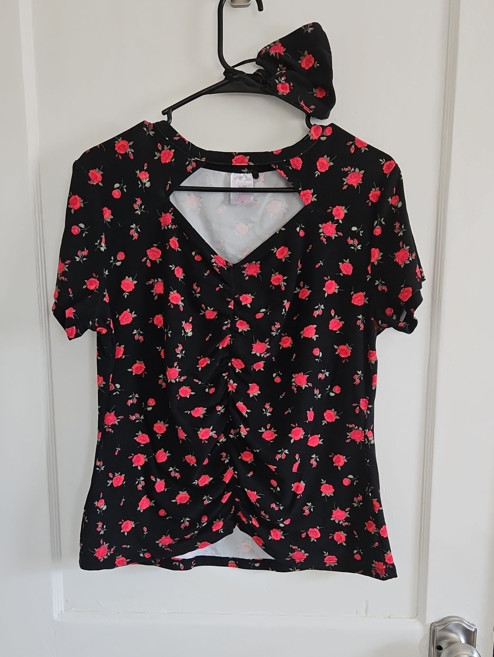 No Boundaries Black Short Sleeve Top with Red Floral Print